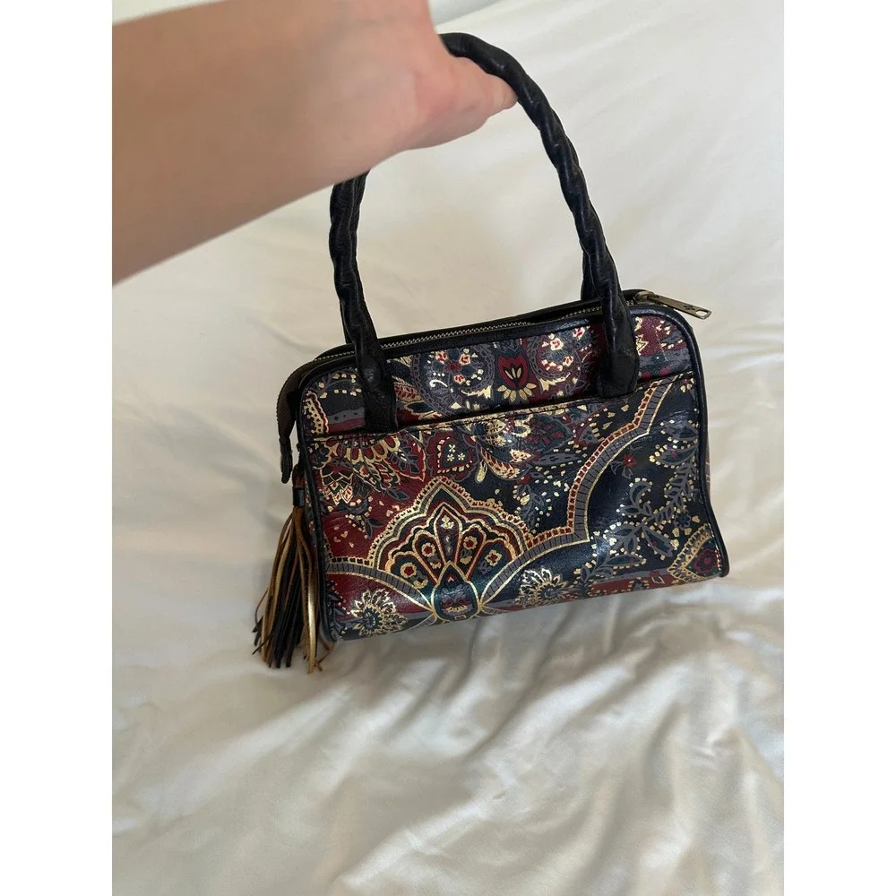 Patricia Nash Leather Paisley Satchel Crossbody Bag Metallic Red Navy Gold